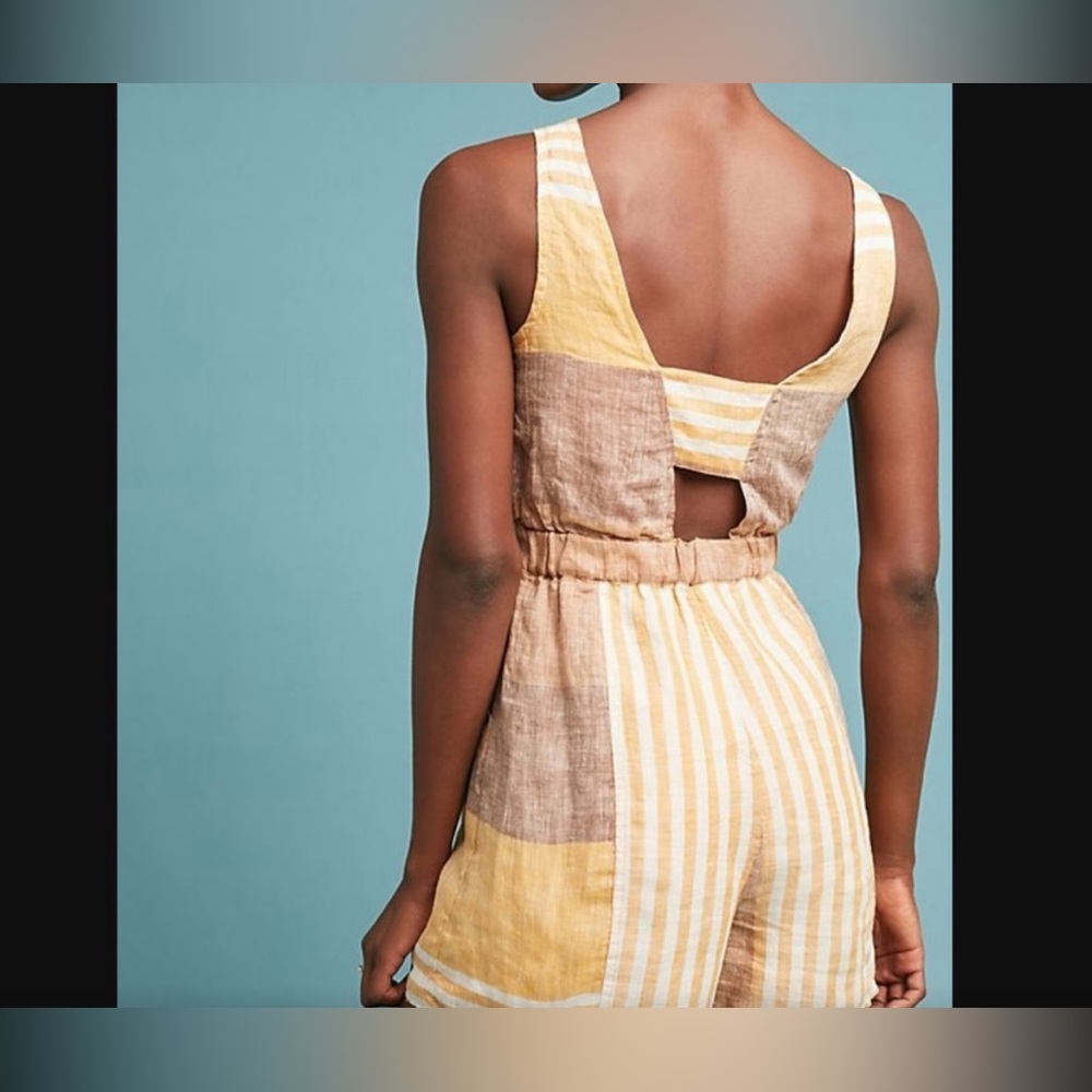 Anthropologie ettitwa linen Sleeveless romper neutral tan gold cream pockets 14 - Picture 6 of 7